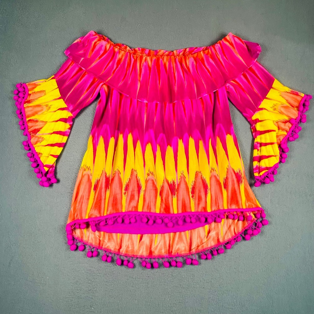 INC International Concepts Top Womens M Pink Yellow Ikat Off Shoulder Pom Pom